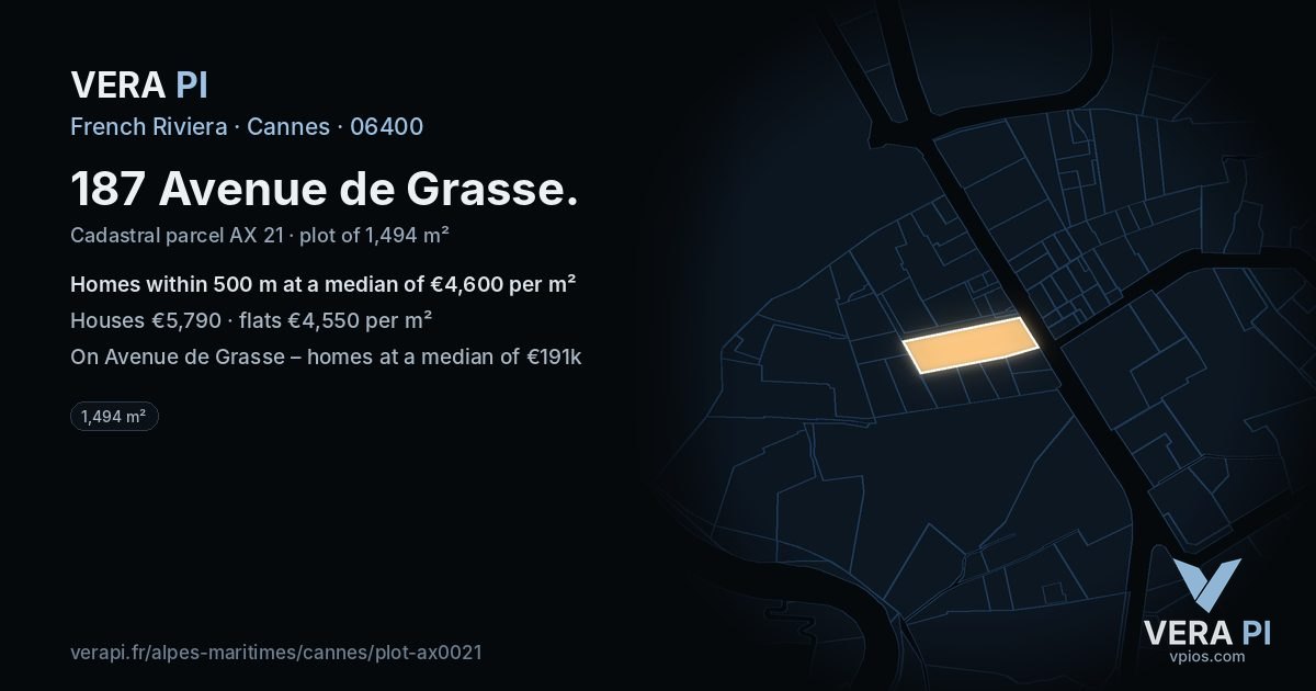 187 Avenue de Grasse, Cannes at night – the plot lit, the parcels around coloured by the prices near them