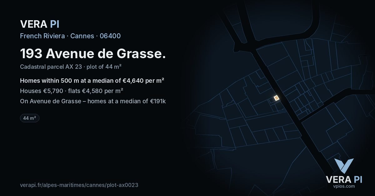 193 Avenue de Grasse, Cannes at night – the plot lit, the parcels around coloured by the prices near them