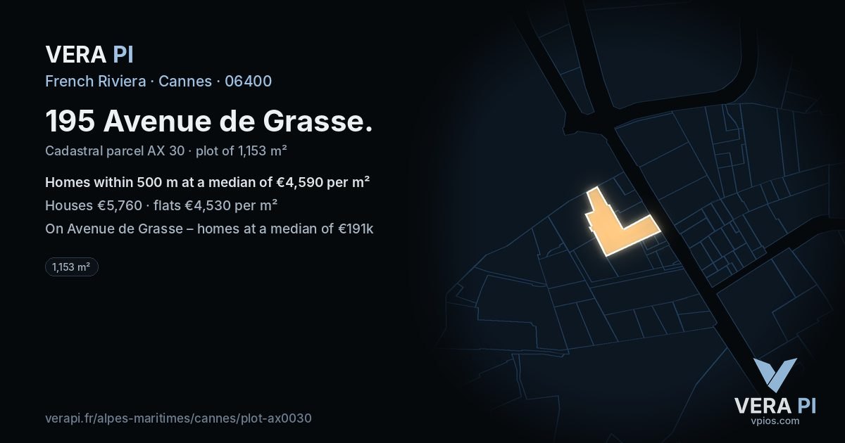 195 Avenue de Grasse, Cannes at night – the plot lit, the parcels around coloured by the prices near them