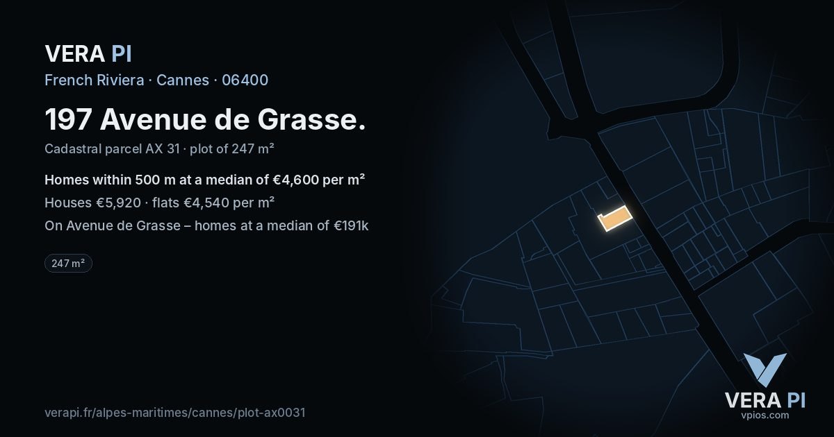 197 Avenue de Grasse, Cannes at night – the plot lit, the parcels around coloured by the prices near them