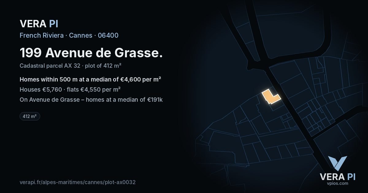 199 Avenue de Grasse, Cannes at night – the plot lit, the parcels around coloured by the prices near them