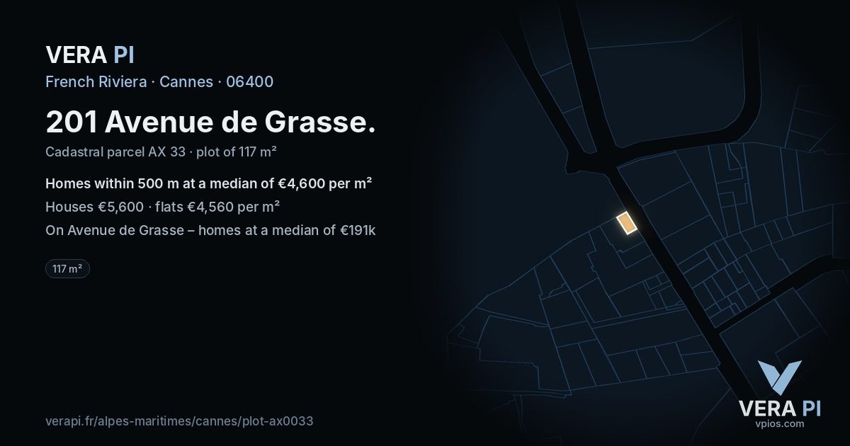 201 Avenue de Grasse, Cannes at night – the plot lit, the parcels around coloured by the prices near them