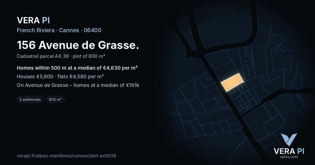 156 Avenue de Grasse, Cannes at night – the plot lit, the parcels around coloured by the prices near them