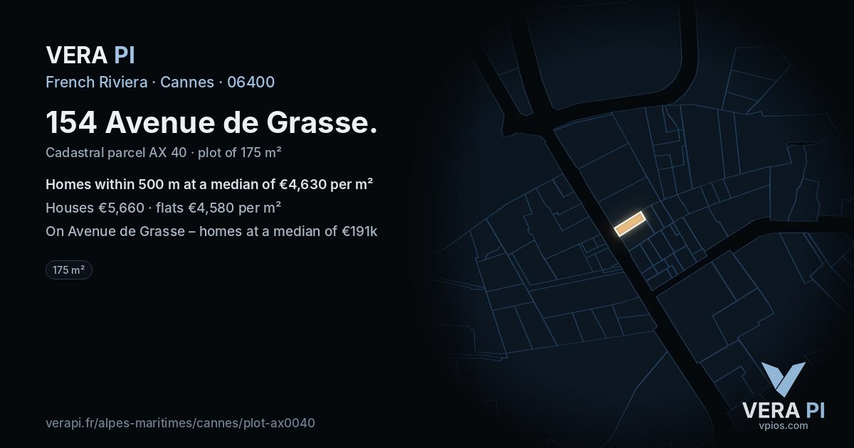 154 Avenue de Grasse, Cannes at night – the plot lit, the parcels around coloured by the prices near them