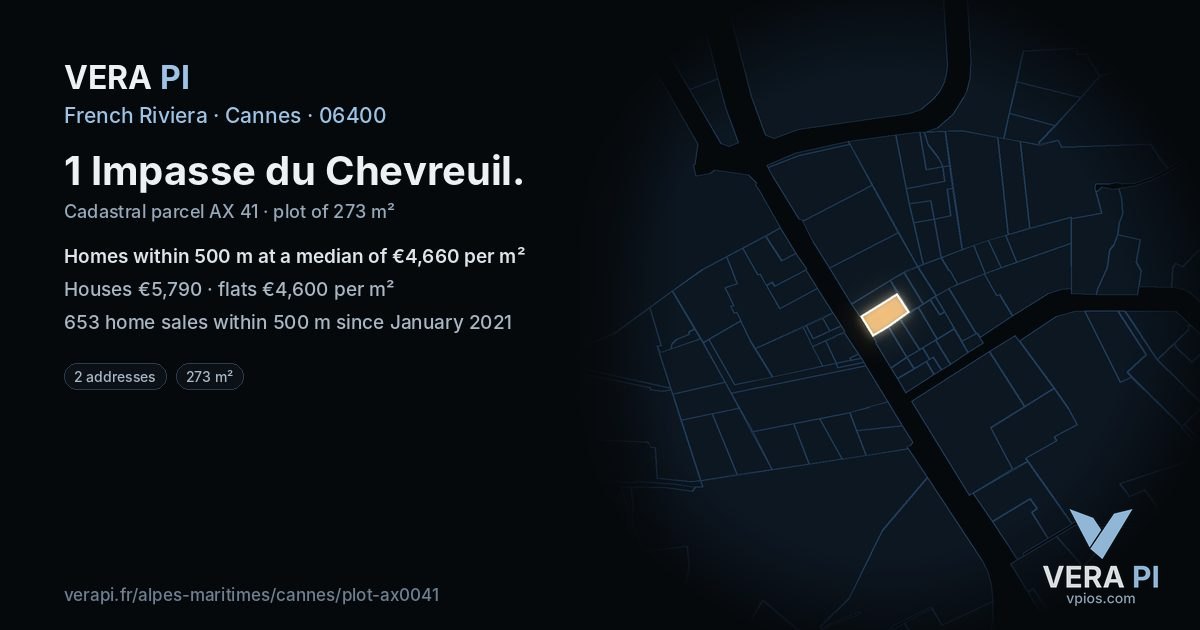 1 Impasse du Chevreuil, Cannes at night – the plot lit, the parcels around coloured by the prices near them
