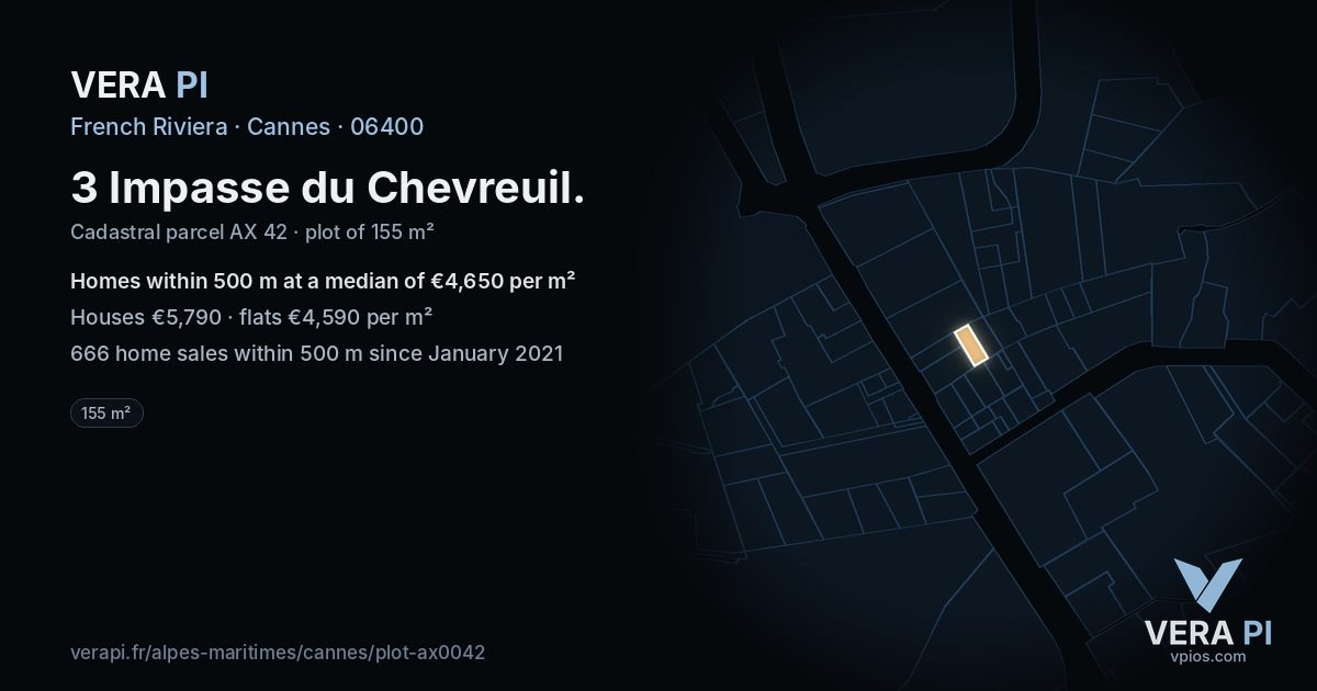 3 Impasse du Chevreuil, Cannes at night – the plot lit, the parcels around coloured by the prices near them