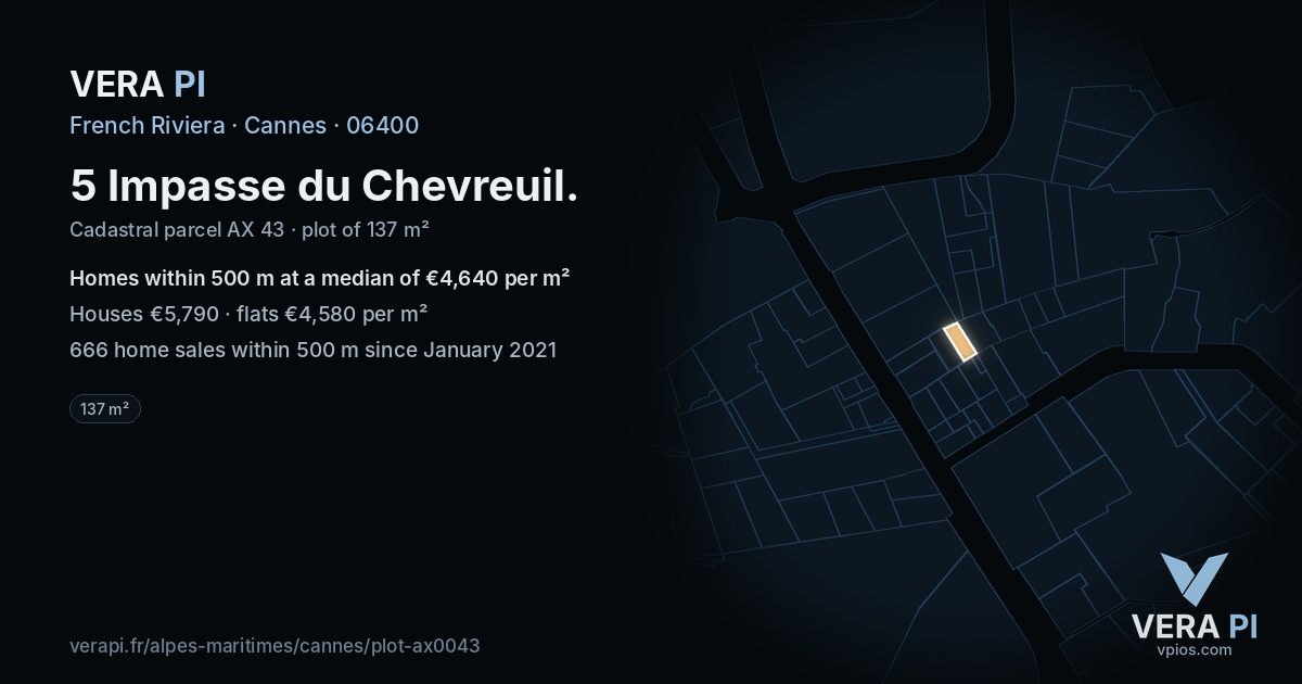 5 Impasse du Chevreuil, Cannes at night – the plot lit, the parcels around coloured by the prices near them