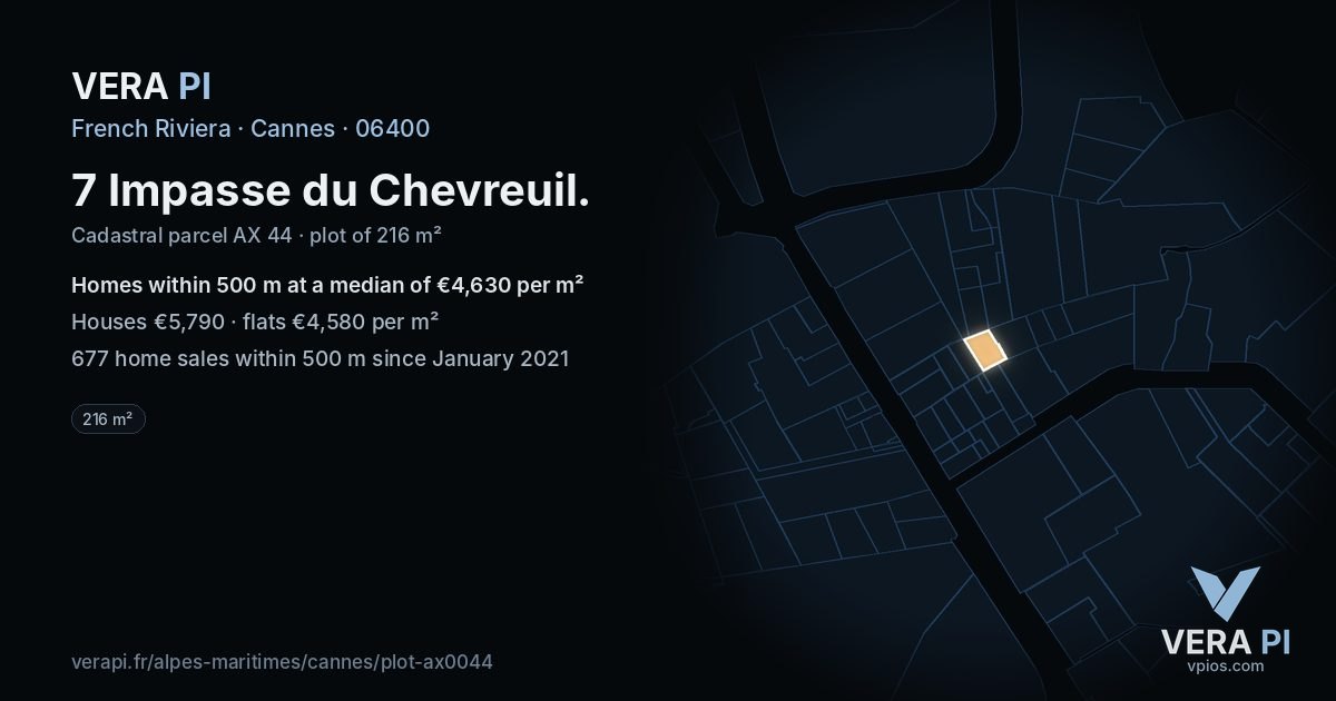 7 Impasse du Chevreuil, Cannes at night – the plot lit, the parcels around coloured by the prices near them
