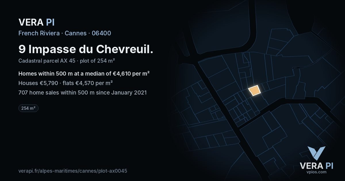 9 Impasse du Chevreuil, Cannes at night – the plot lit, the parcels around coloured by the prices near them
