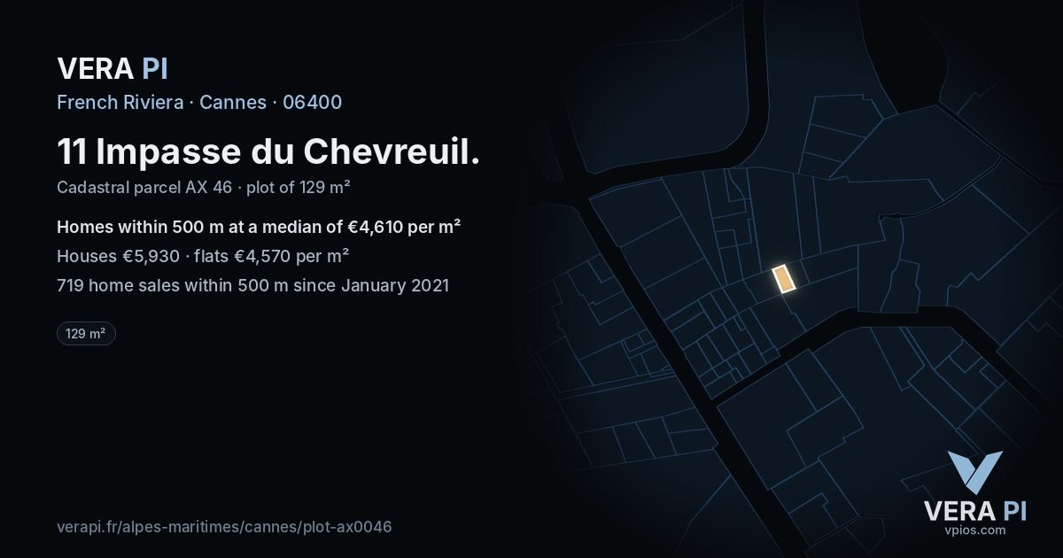 11 Impasse du Chevreuil, Cannes at night – the plot lit, the parcels around coloured by the prices near them
