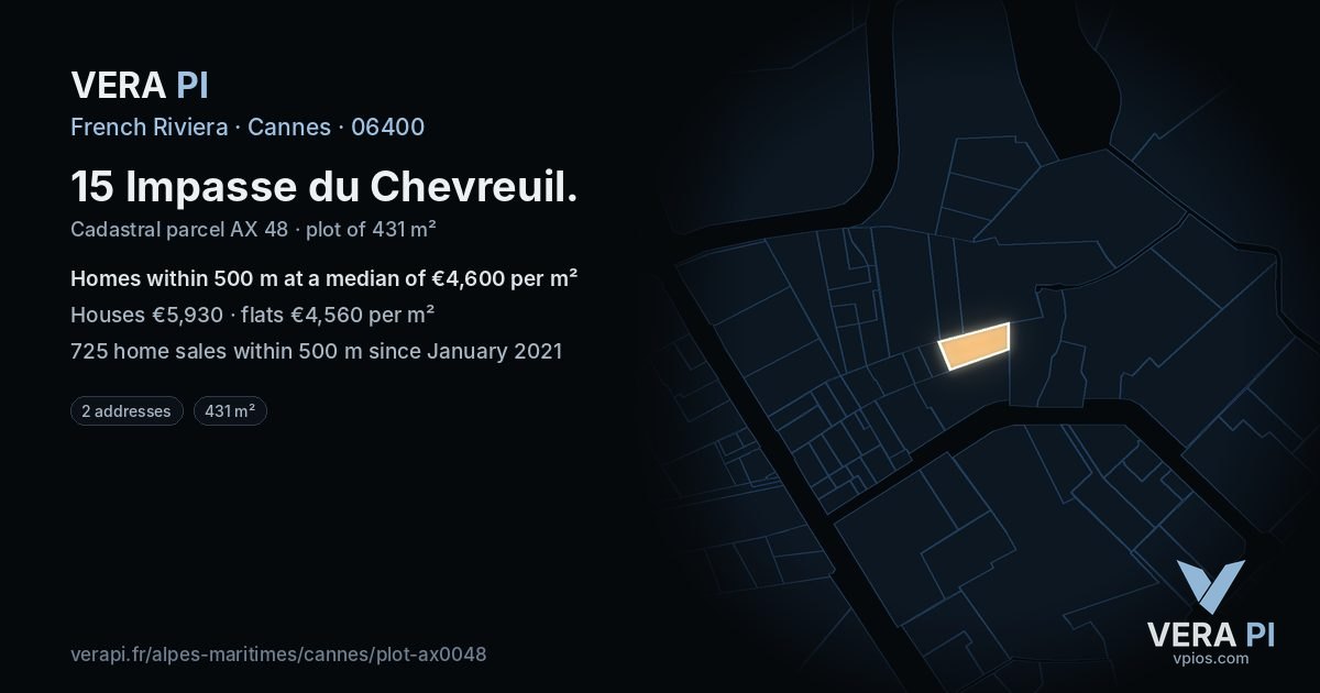 15 Impasse du Chevreuil, Cannes at night – the plot lit, the parcels around coloured by the prices near them