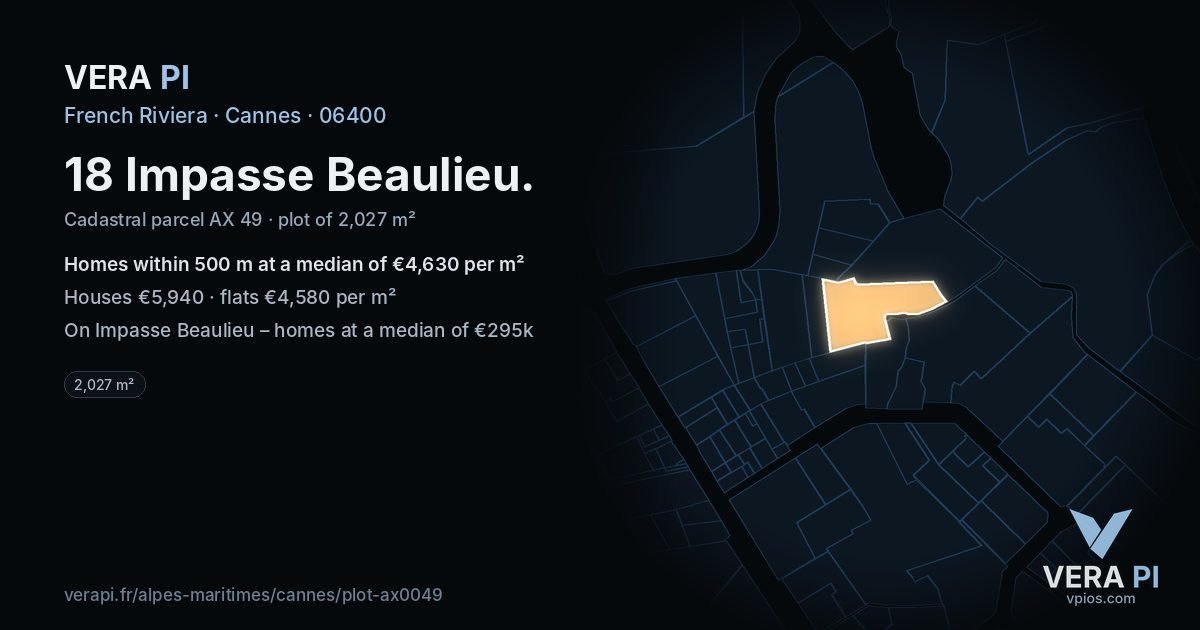18 Impasse Beaulieu, Cannes at night – the plot lit, the parcels around coloured by the prices near them