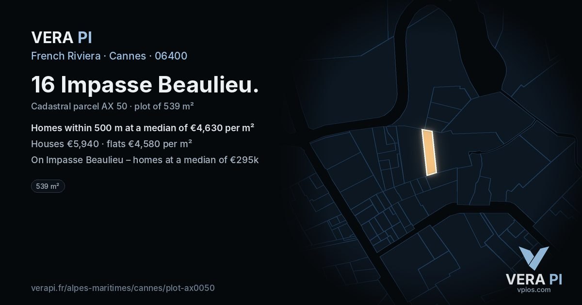 16 Impasse Beaulieu, Cannes at night – the plot lit, the parcels around coloured by the prices near them