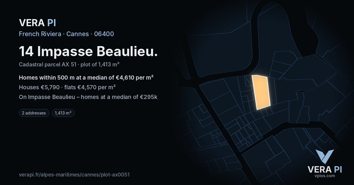 14 Impasse Beaulieu, Cannes at night – the plot lit, the parcels around coloured by the prices near them