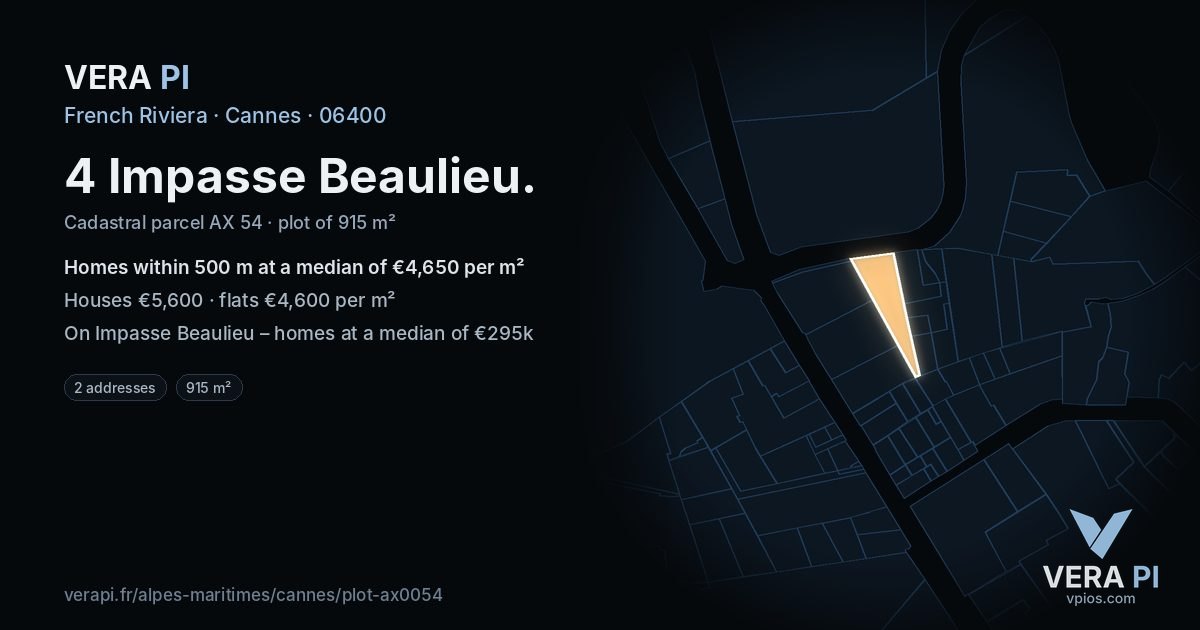 4 Impasse Beaulieu, Cannes at night – the plot lit, the parcels around coloured by the prices near them