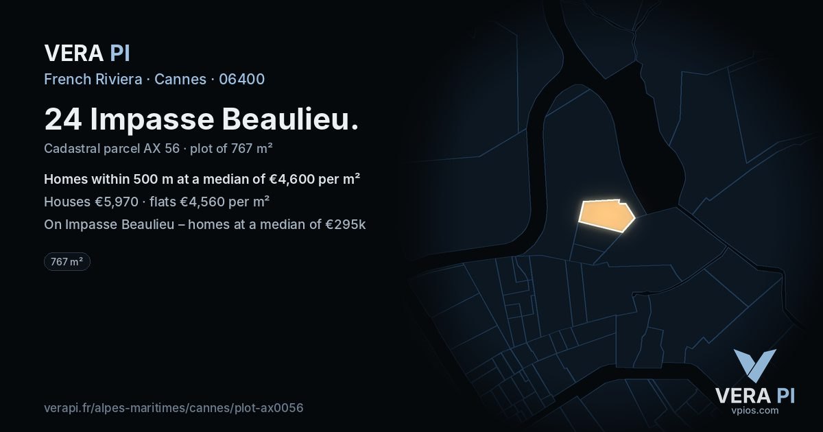 24 Impasse Beaulieu, Cannes at night – the plot lit, the parcels around coloured by the prices near them