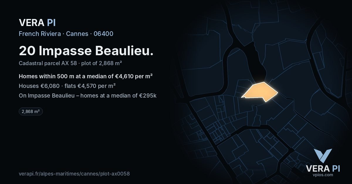 20 Impasse Beaulieu, Cannes at night – the plot lit, the parcels around coloured by the prices near them
