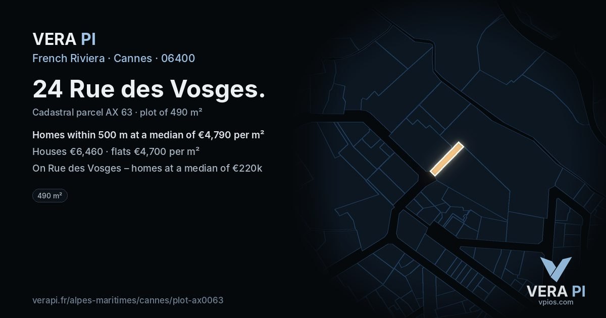 24 Rue des Vosges, Cannes at night – the plot lit, the parcels around coloured by the prices near them