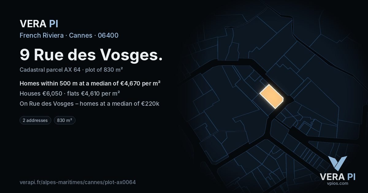 9 Rue des Vosges, Cannes at night – the plot lit, the parcels around coloured by the prices near them
