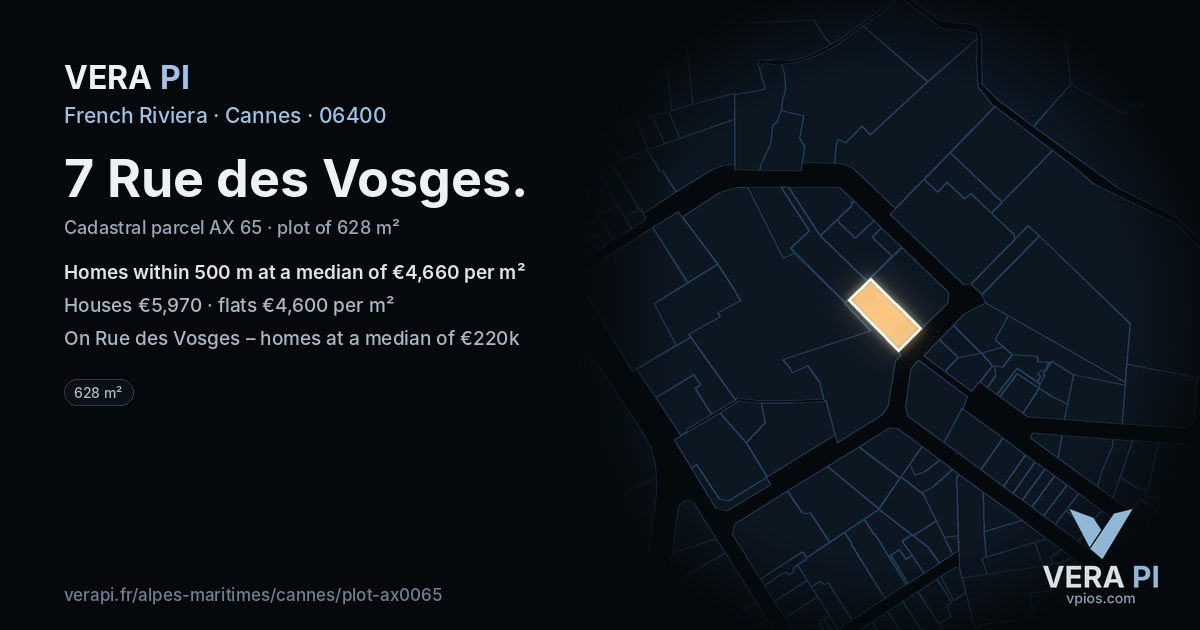 7 Rue des Vosges, Cannes at night – the plot lit, the parcels around coloured by the prices near them