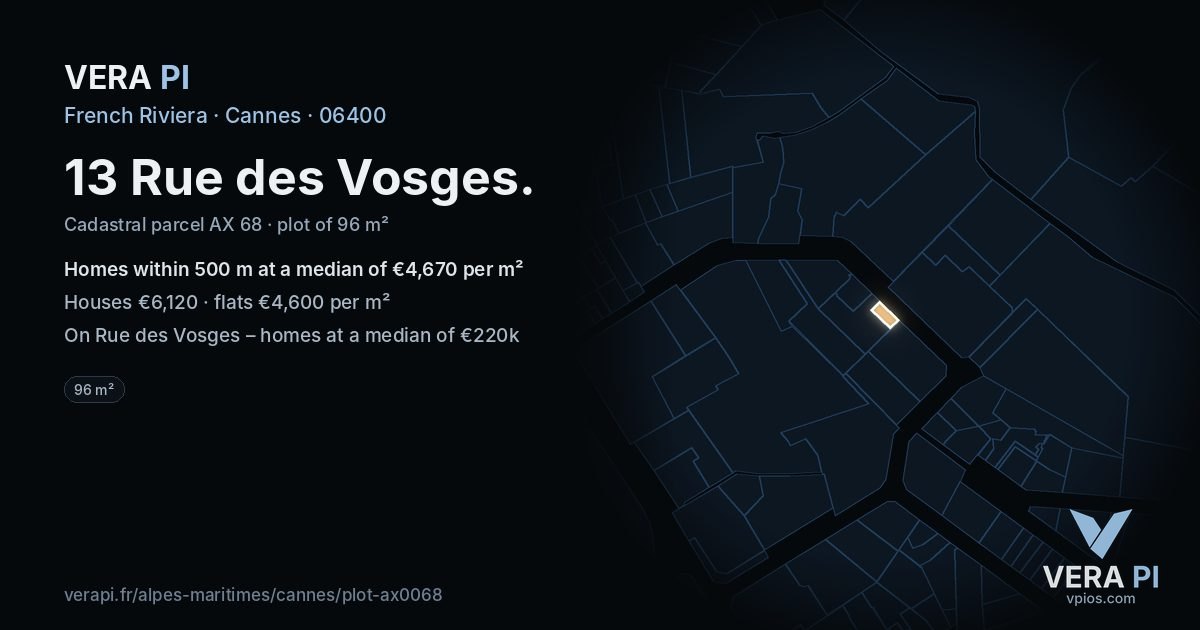 13 Rue des Vosges, Cannes at night – the plot lit, the parcels around coloured by the prices near them