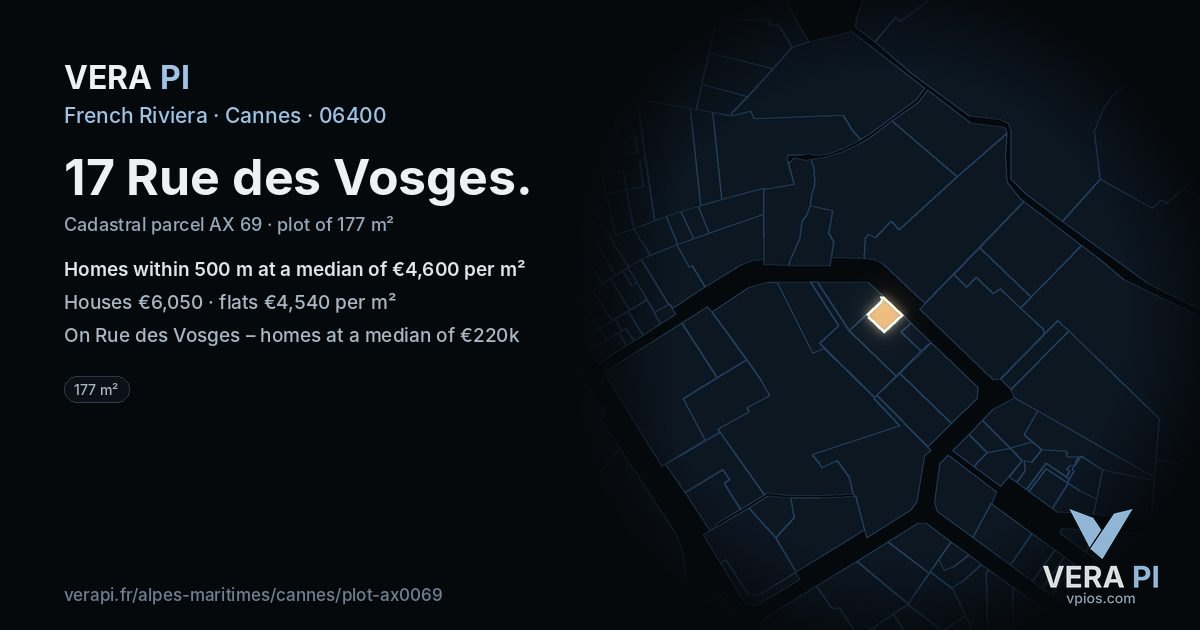 17 Rue des Vosges, Cannes at night – the plot lit, the parcels around coloured by the prices near them