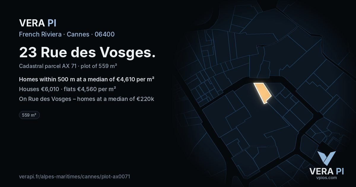 23 Rue des Vosges, Cannes at night – the plot lit, the parcels around coloured by the prices near them