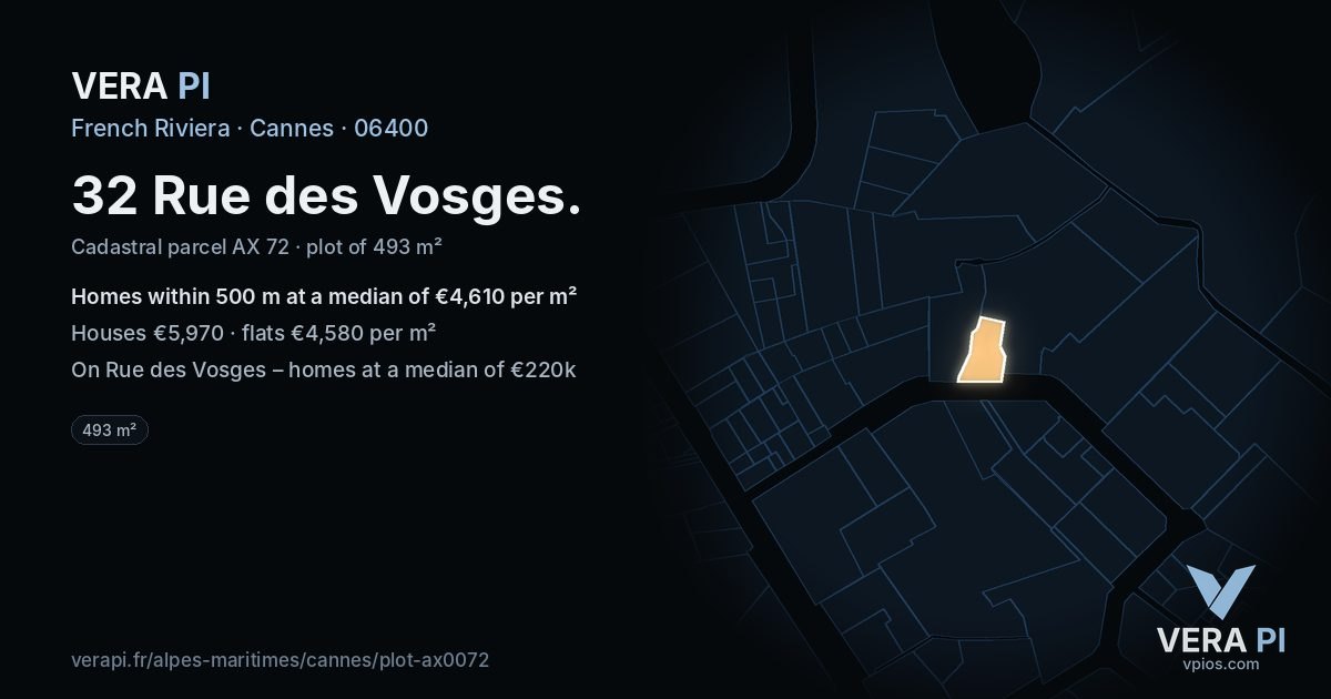32 Rue des Vosges, Cannes at night – the plot lit, the parcels around coloured by the prices near them