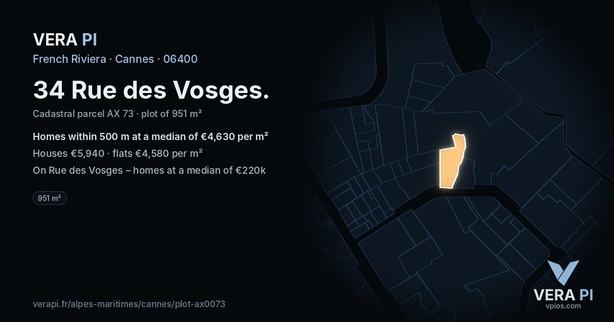 34 Rue des Vosges, Cannes at night – the plot lit, the parcels around coloured by the prices near them
