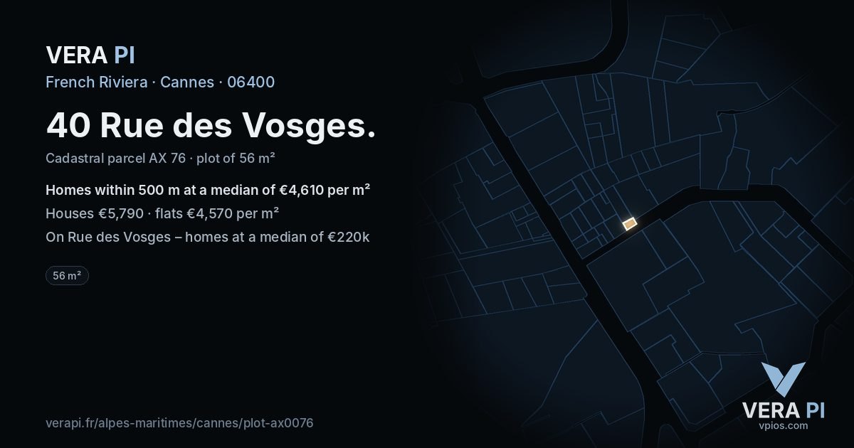 40 Rue des Vosges, Cannes at night – the plot lit, the parcels around coloured by the prices near them