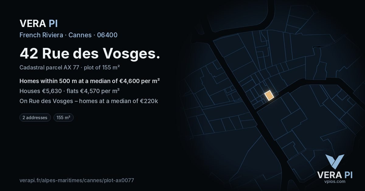 42 Rue des Vosges, Cannes at night – the plot lit, the parcels around coloured by the prices near them