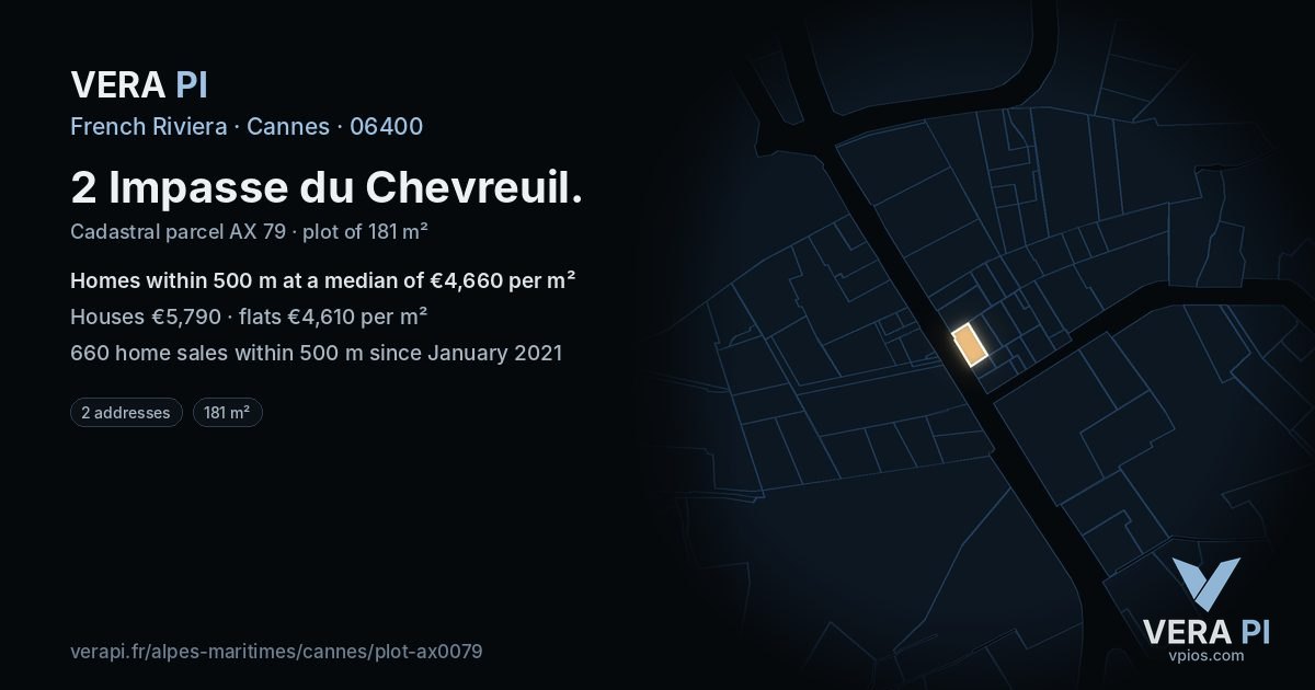 2 Impasse du Chevreuil, Cannes at night – the plot lit, the parcels around coloured by the prices near them