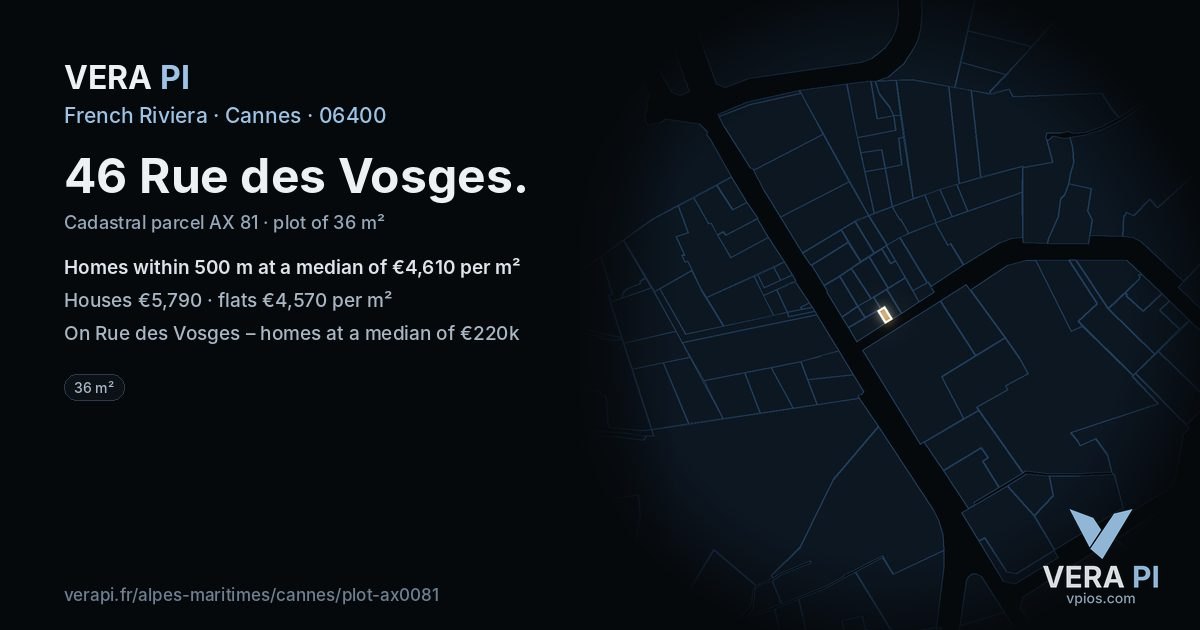 46 Rue des Vosges, Cannes at night – the plot lit, the parcels around coloured by the prices near them