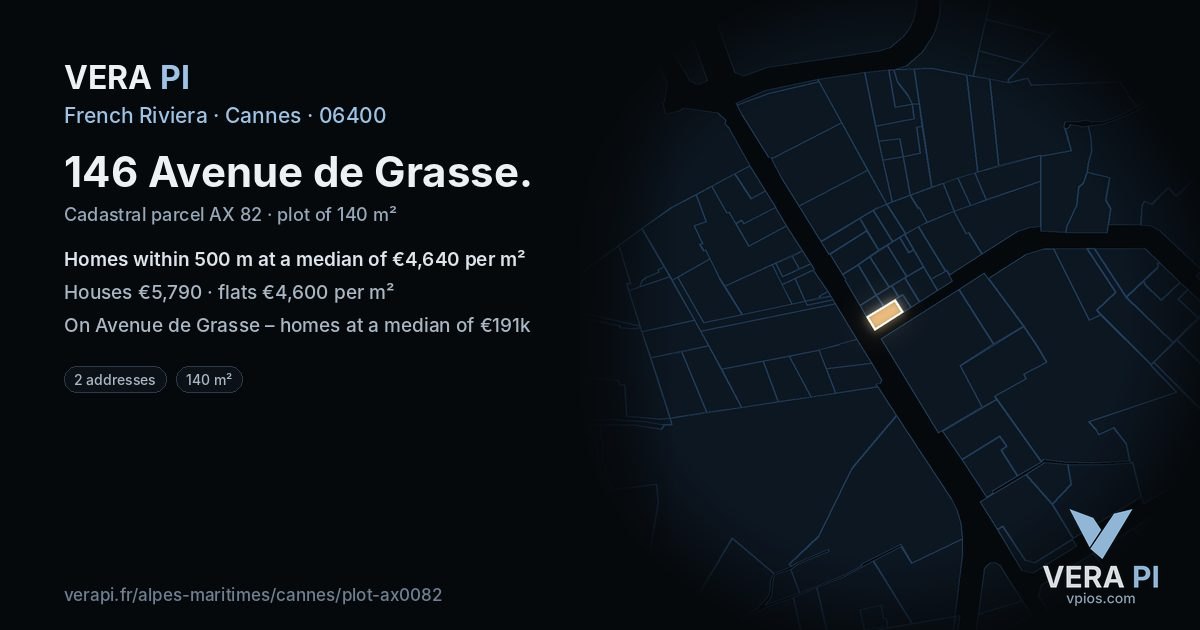 146 Avenue de Grasse, Cannes at night – the plot lit, the parcels around coloured by the prices near them