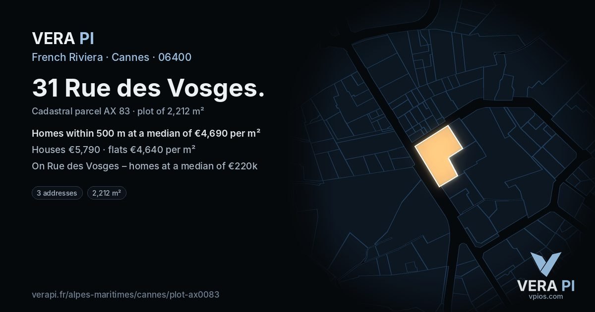 31 Rue des Vosges, Cannes at night – the plot lit, the parcels around coloured by the prices near them