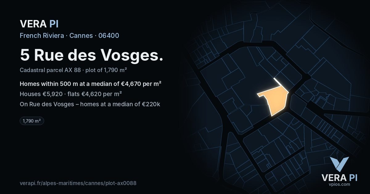 5 Rue des Vosges, Cannes at night – the plot lit, the parcels around coloured by the prices near them