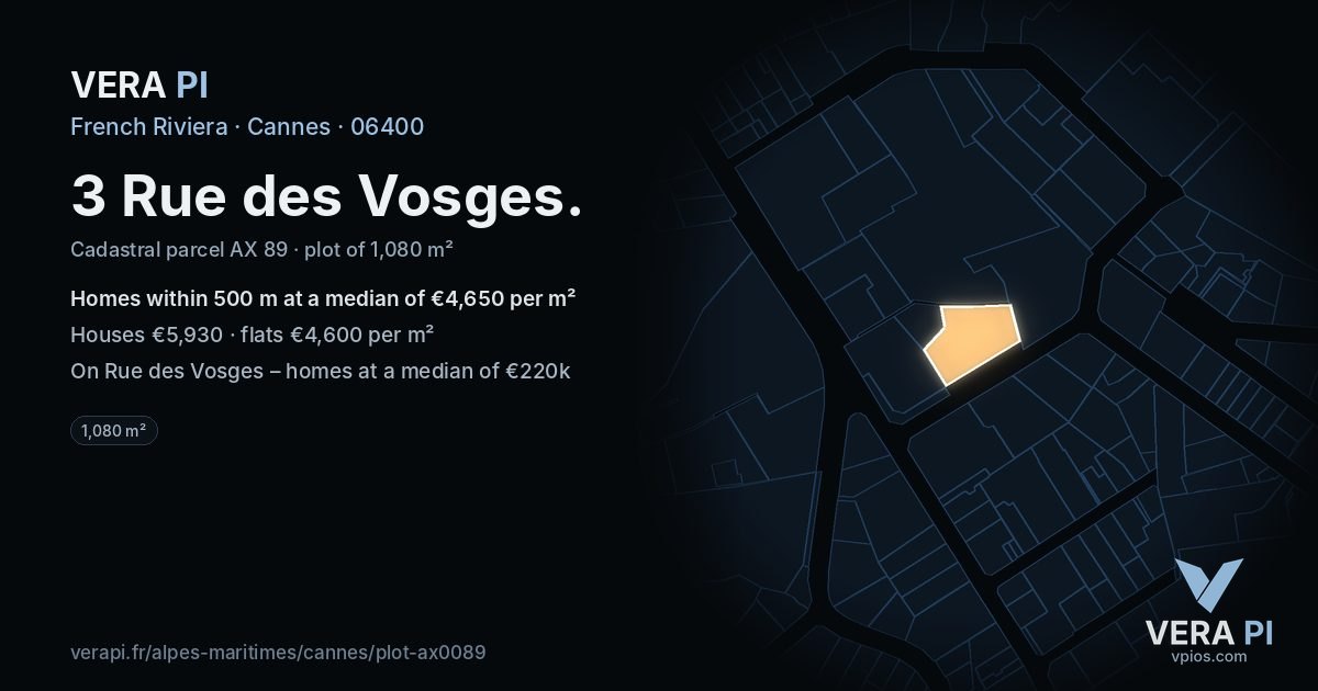 3 Rue des Vosges, Cannes at night – the plot lit, the parcels around coloured by the prices near them