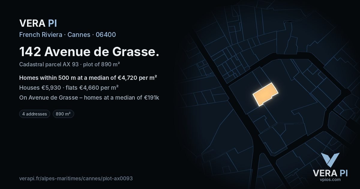 142 Avenue de Grasse, Cannes at night – the plot lit, the parcels around coloured by the prices near them