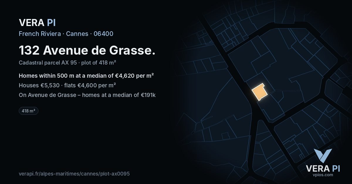 132 Avenue de Grasse, Cannes at night – the plot lit, the parcels around coloured by the prices near them