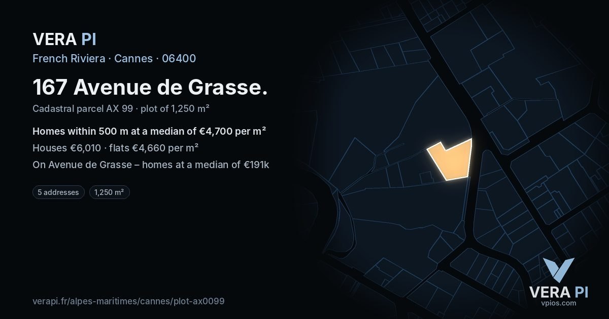 167 Avenue de Grasse, Cannes at night – the plot lit, the parcels around coloured by the prices near them
