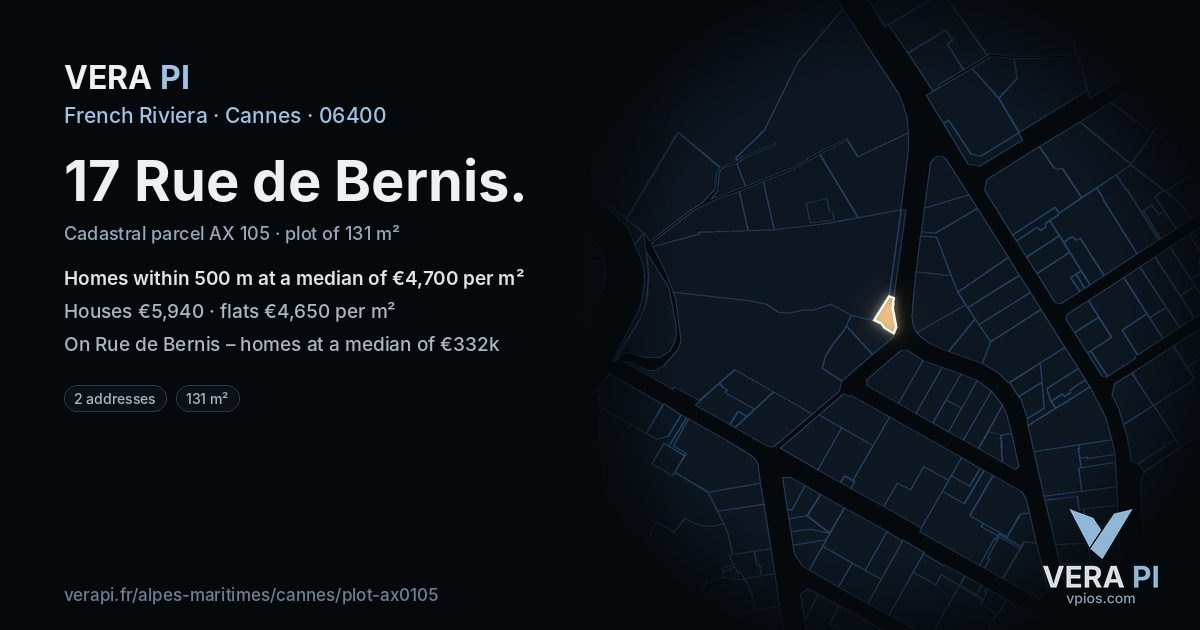 17 Rue de Bernis, Cannes at night – the plot lit, the parcels around coloured by the prices near them