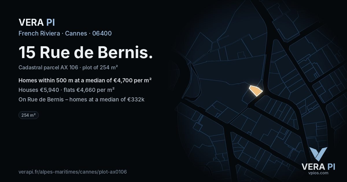 15 Rue de Bernis, Cannes at night – the plot lit, the parcels around coloured by the prices near them