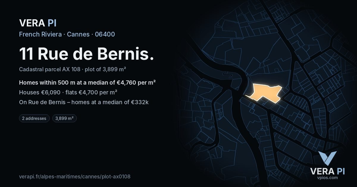 11 Rue de Bernis, Cannes at night – the plot lit, the parcels around coloured by the prices near them