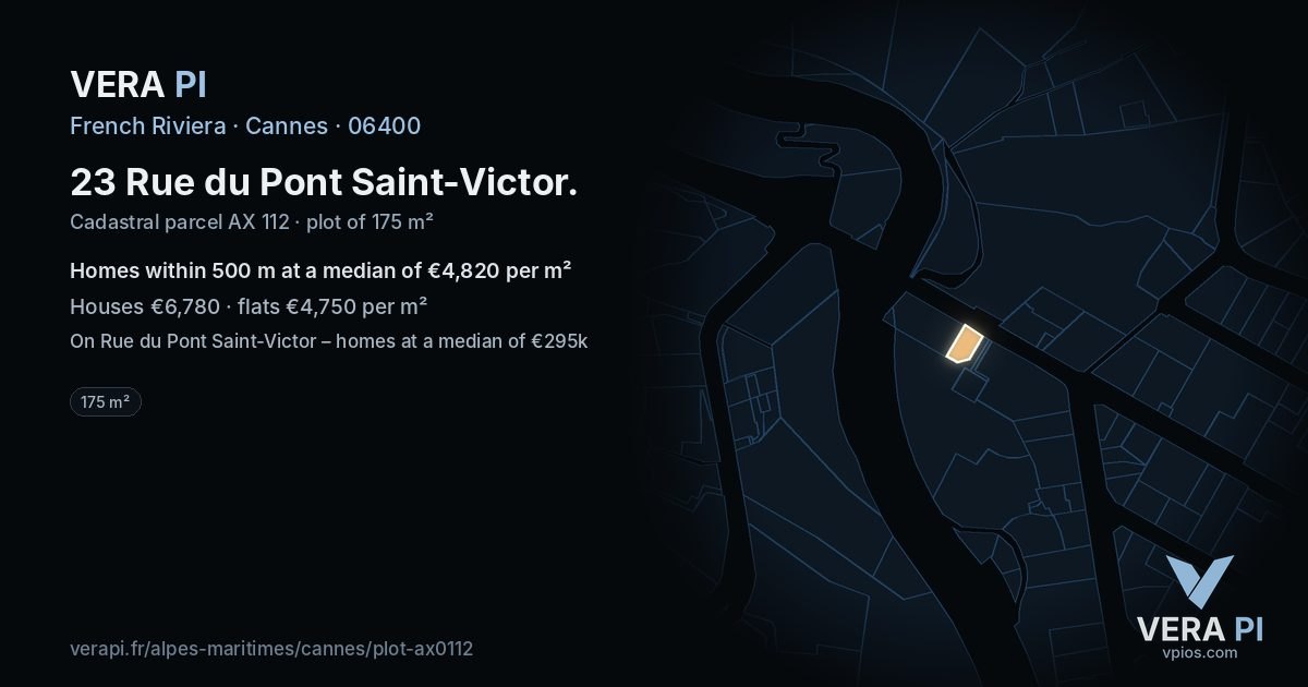 23 Rue du Pont Saint-Victor, Cannes at night – the plot lit, the parcels around coloured by the prices near them
