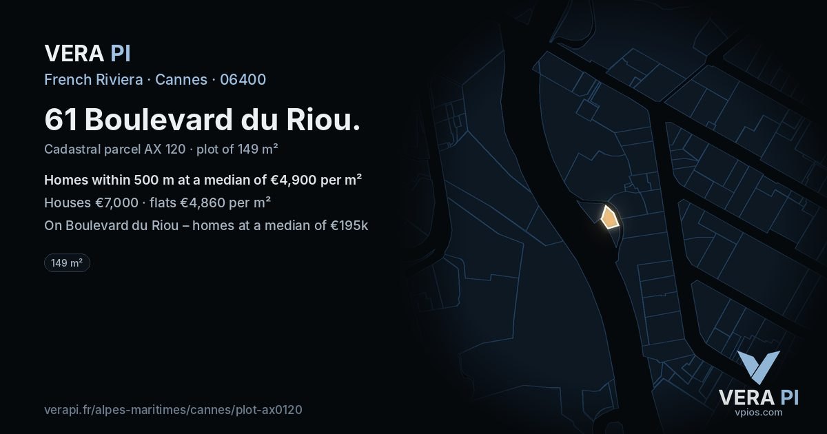 61 Boulevard du Riou, Cannes at night – the plot lit, the parcels around coloured by the prices near them