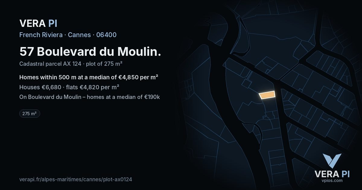 57 Boulevard du Moulin, Cannes at night – the plot lit, the parcels around coloured by the prices near them