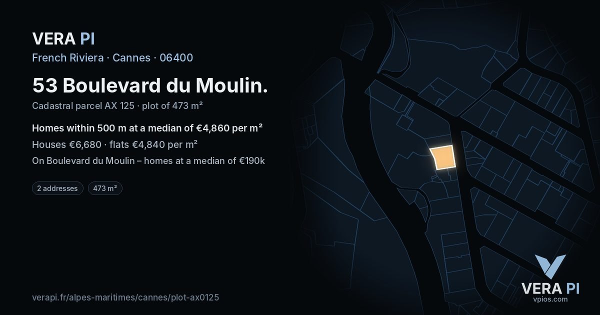 53 Boulevard du Moulin, Cannes at night – the plot lit, the parcels around coloured by the prices near them