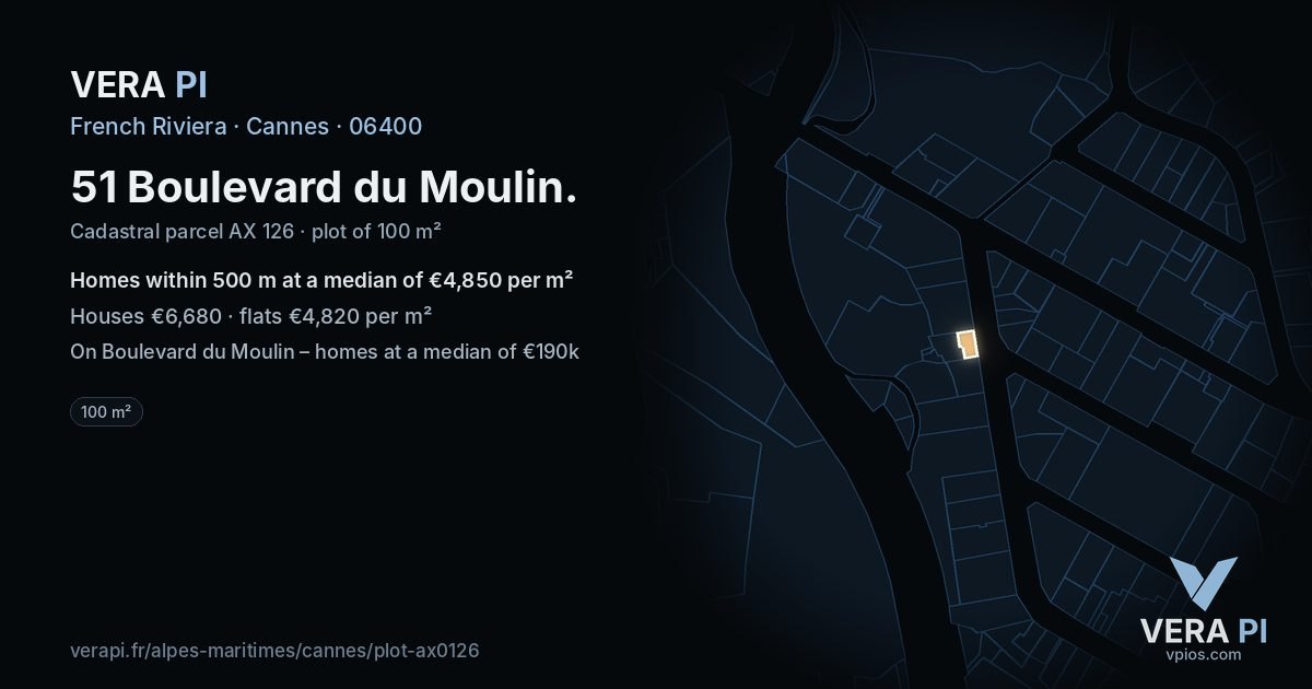 51 Boulevard du Moulin, Cannes at night – the plot lit, the parcels around coloured by the prices near them