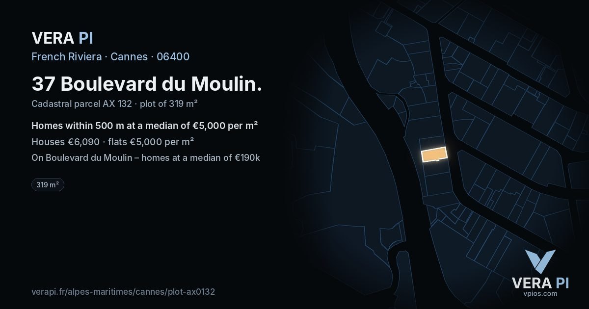 37 Boulevard du Moulin, Cannes at night – the plot lit, the parcels around coloured by the prices near them