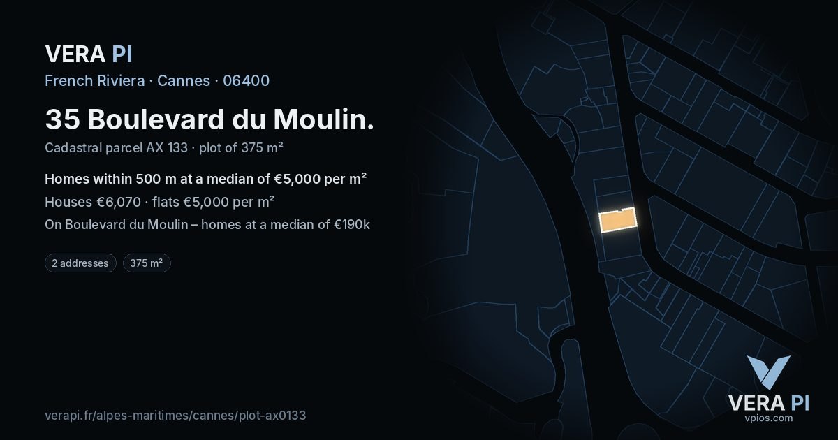 35 Boulevard du Moulin, Cannes at night – the plot lit, the parcels around coloured by the prices near them